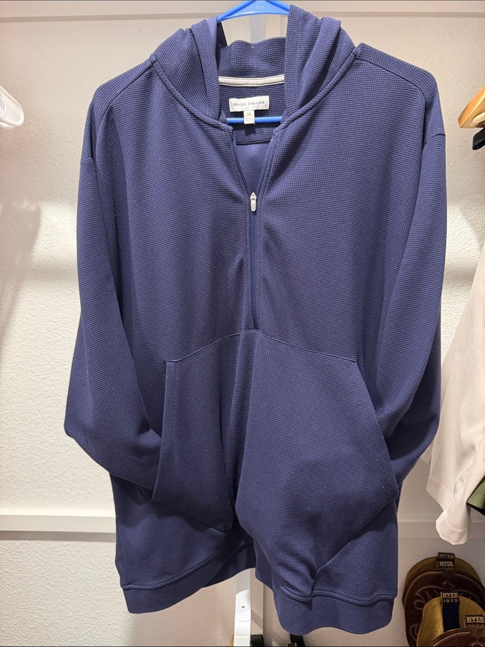 Peter Millar Navy Blue Grid Performance Half-Zip Hoodie